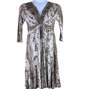 Dunia Small Dress Fit Flare 3/4 Sleeve V Neck Gathered Front Brown White Tie Dye